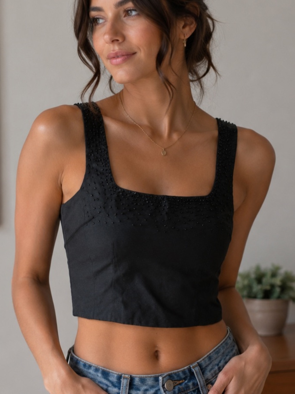 Y2K Ann Taylor Silk black corset like tank top with beaded details Size S